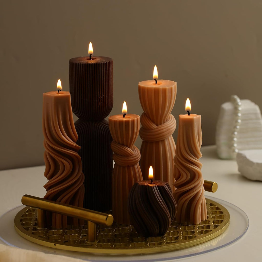 Ribbed Pillar Candles Decorative Candle Brown, 2.36-6.89 Inch - Set of 6