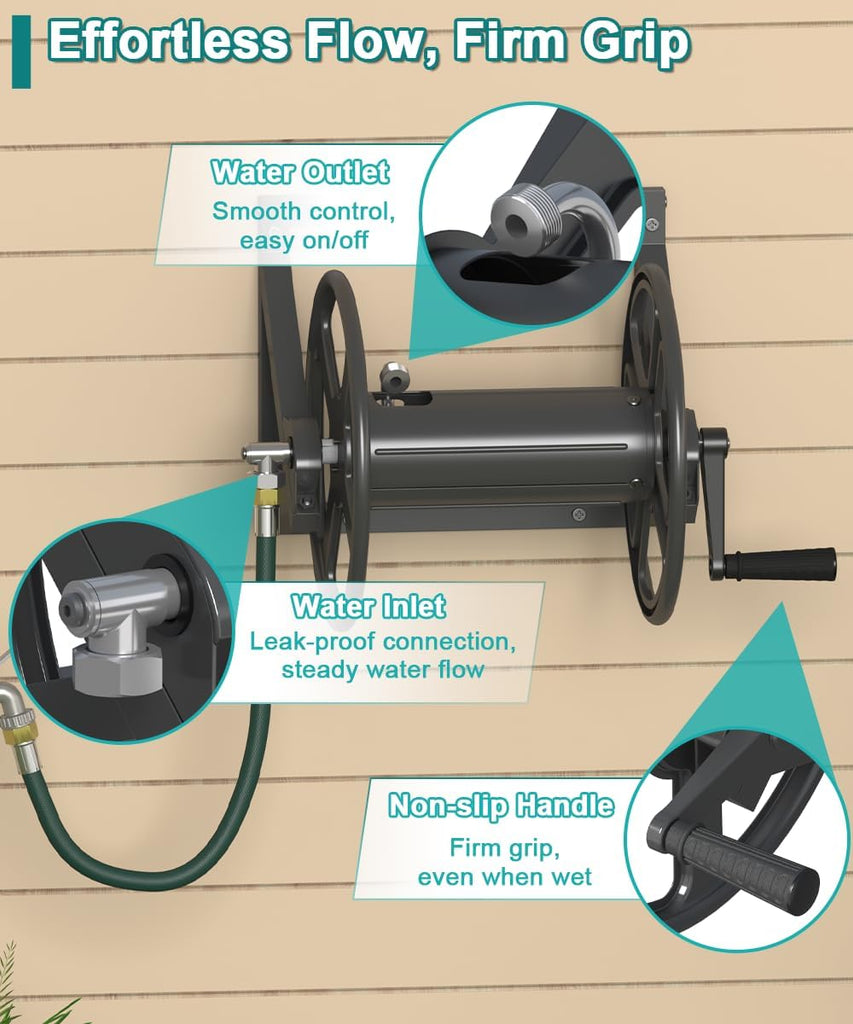Garden Hose Reel Wall Mounted, Outdoor Heavy Duty Powder Coated Metal Water Hoses Holder Winder Holds 125 ft 5/8"