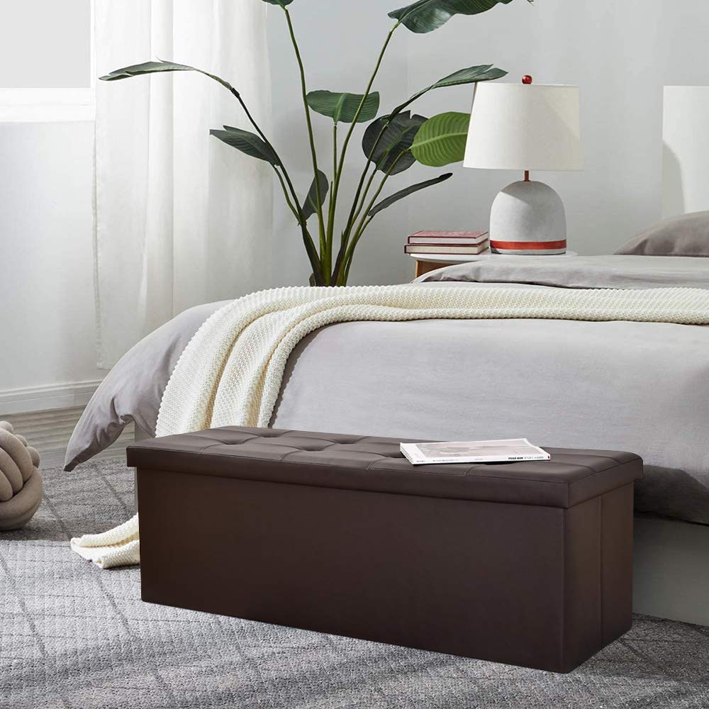 43 inch Folding Ottoman Storage Bench Cube Hold up 700lbs Faux Leather Storage Chest with Memory Foam Seat Footrest