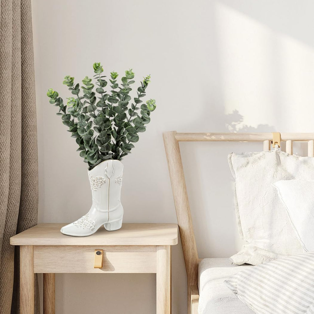 Artificial Eucalyptus Plant in Ceramic Cowboy Boot Vase Faux Greenery Potted Plant for Rustic Farmhouse Decor Western