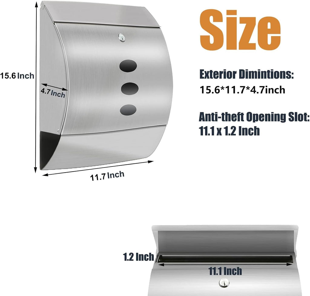 Stainless Steel Mailbox, Large Capacity Wall-Mount Mailbox, Locking Mailbox with Key Lock