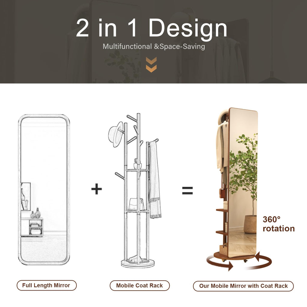 Solid Wood Full Length Mirror Coat Rack, 70" x 20" Oversize Standing Mirror Full Length with Brake Wheels, Floor