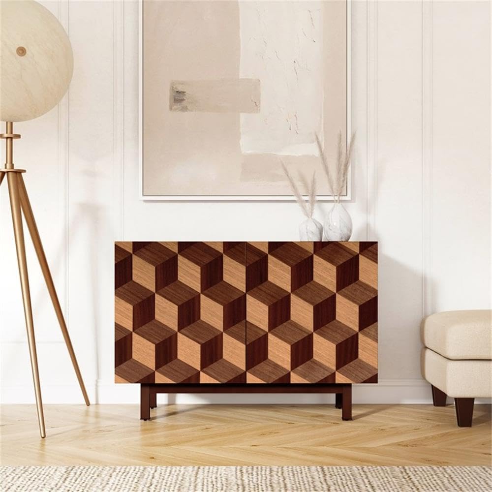 Mid-Century 2-Door Wood Storage Cabinet, Heritage Brown Finish, Walnut, Oak, Sapele Veneer, Metal Base, 40"x18"x28"