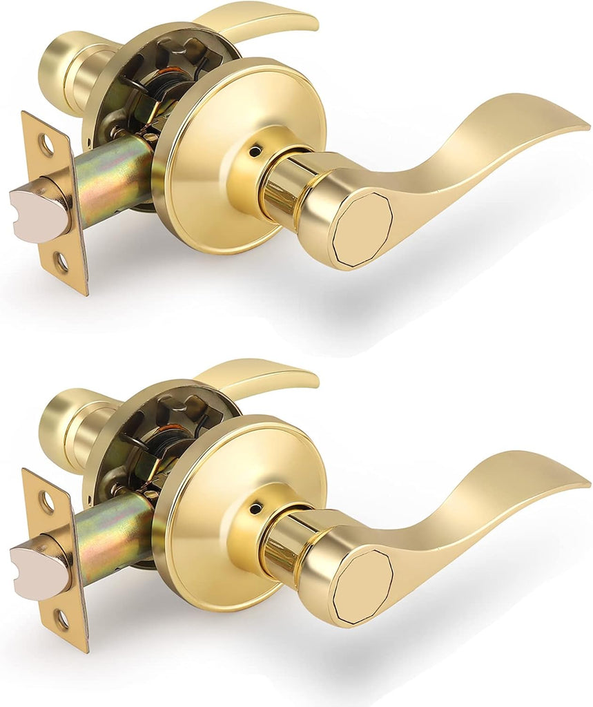 2Pack Wave-Style Closet and Hall Door Locksets Passage Levers in Polished Brass,Reversible Handles for Left Right - Door Lever