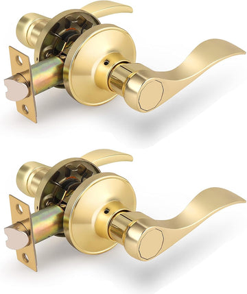 2Pack Wave-Style Closet and Hall Door Locksets Passage Levers in Polished Brass,Reversible Handles for Left Right - Door Lever
