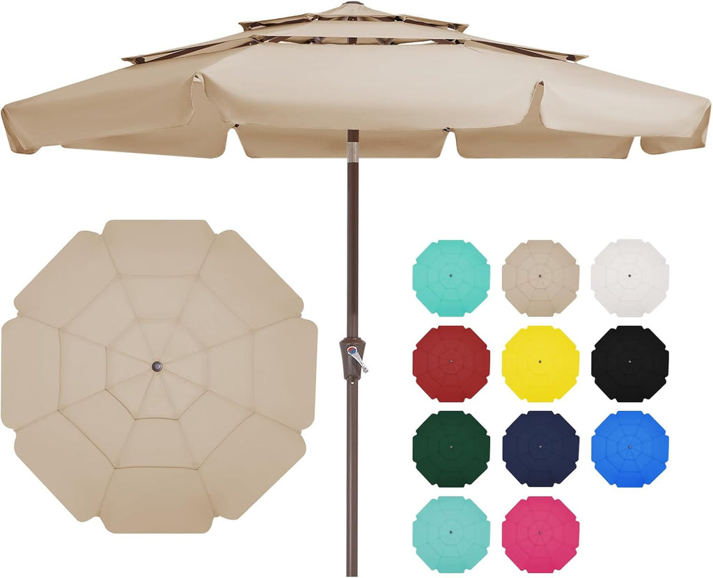 3 Tiers 9 FT Patio Umbrellas Outdoor Table Umbrella with Push Button Market Umbrella 8 Sturdy Ribs UV Protection - Beige