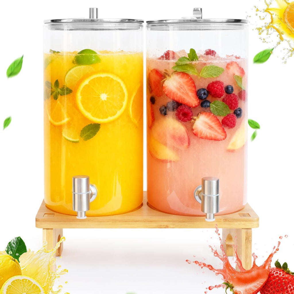 1.5 Gallon Drink dispenser with Stand, With Wood Stand, 18/8 Stainless Steel Spigot and Labels Large Water - Set of 2