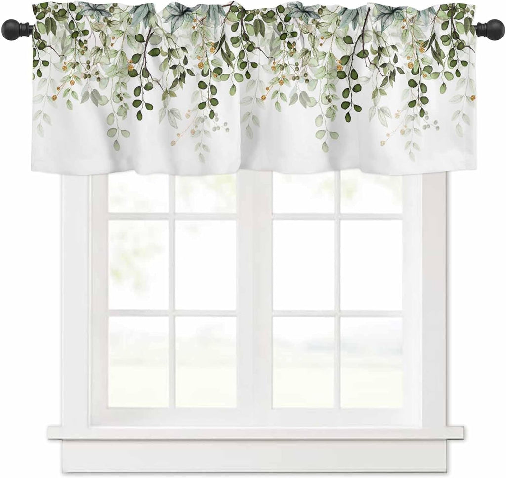 Sage Green Eucalyptus Leaves Curtain Valance for Windows Watercolor Window Treatments 1 Panel Short Curtains for