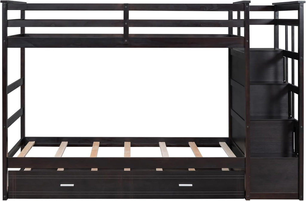Twin Over Twin Bunk Bed with Stairs and Trundle, Wooden Bunk Bed Frame with Storage Staircase, Espresso