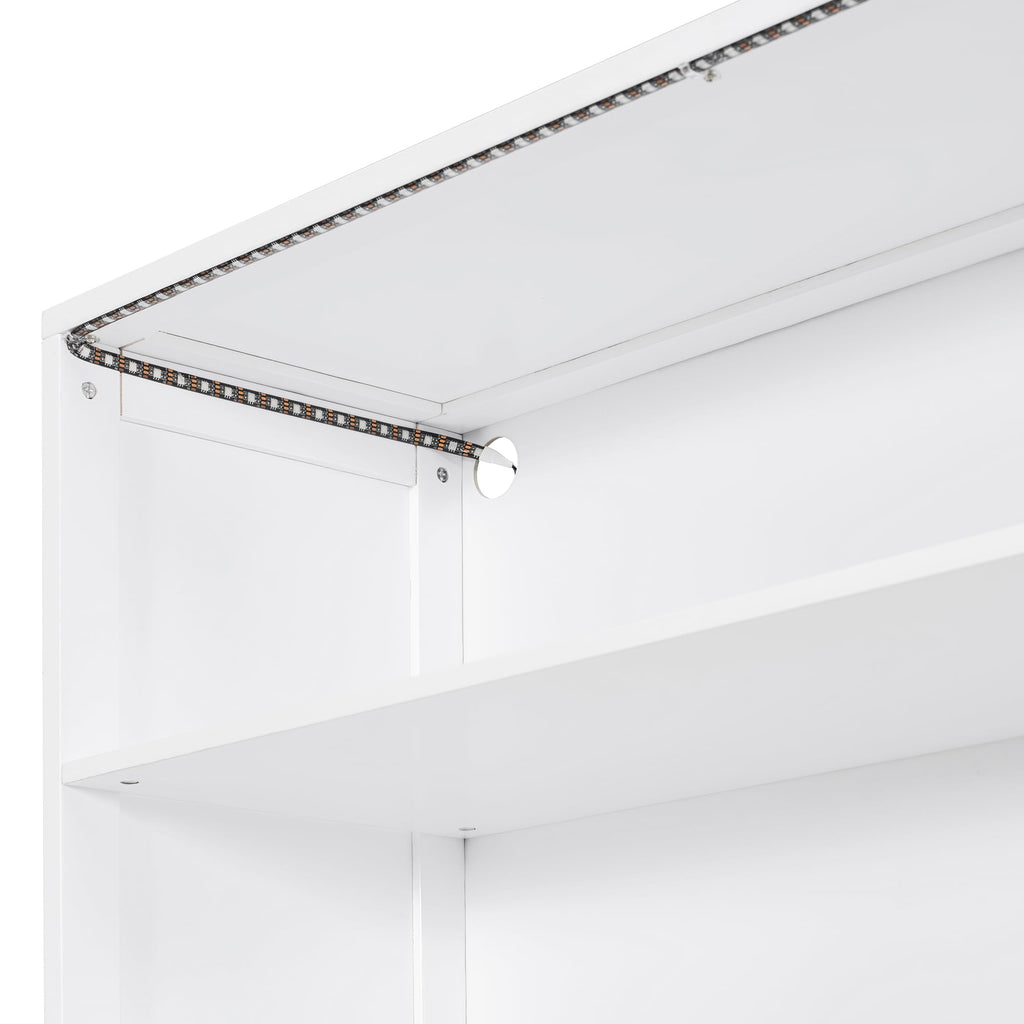 Full Size Wooden Daybed with Desk, Shelves and Lights (White/L, Full)