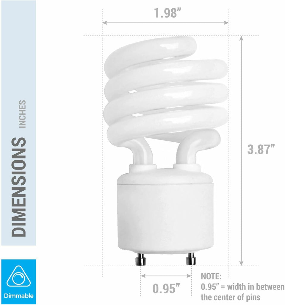 4 Pack) 13 Watt Mini Spiral - GU24 Base - (60W Equivalent) - T2 Mini-Twist - CFL Light Bulb (Daylight-5000K, CFL)