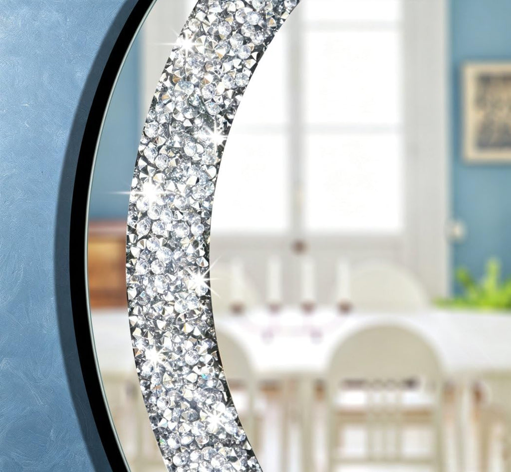 Crystal Crush Diamond Sparkly Round Silver Mirror for Wall Decoration 20x20x1 inch Wall Hang Frameless Bling Stylish