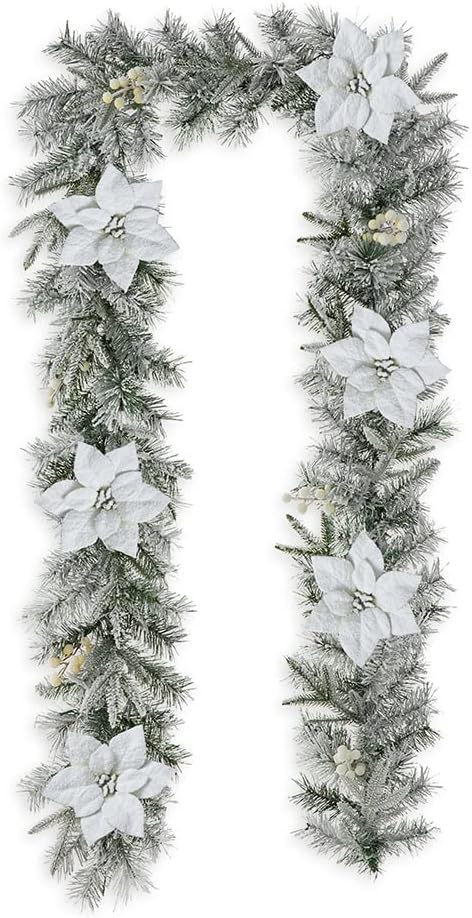For Mantle, Pre-Lit Snow Flocked Greenery Garland Poinsettia Pine Garland with 50 Warm White Lights and Timer