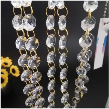 Hanging Crystals Prisms 100cm/3.3ft (Gold Ring) Clear 14mm Crystal Octagonal Beads Chain Garland Chandelier Lamp Part