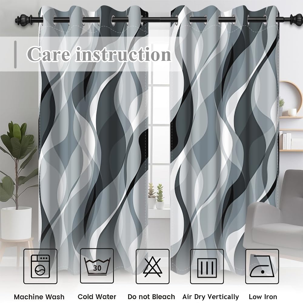 Blue Grey Wave Lines Window Curtains Abstract Art Aesthetic Gradient Blackout Curtains Geometric Thermal Insulated