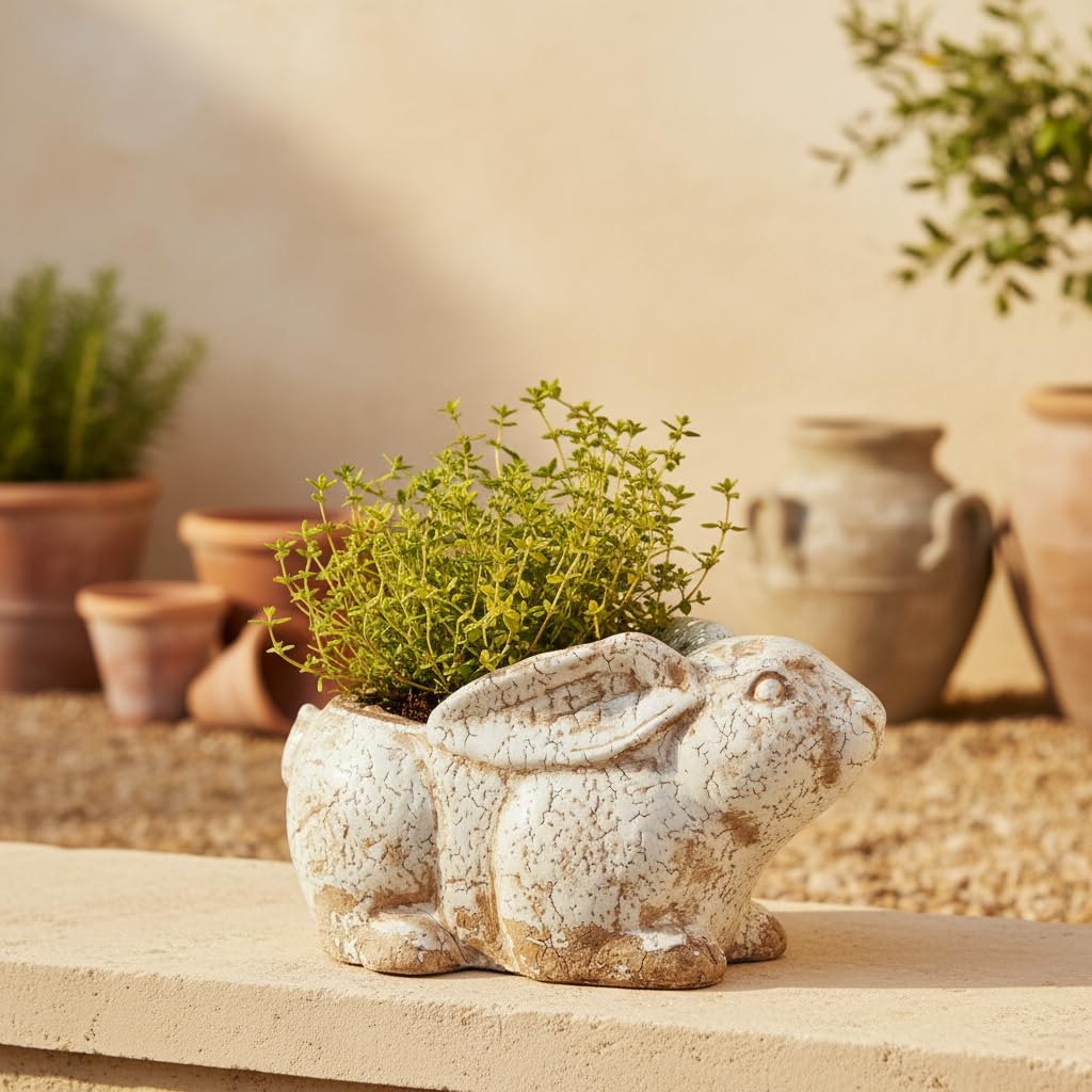 Vintage Terracotta Bunny Planter, French Country Rabbit Figurine Home Decor
