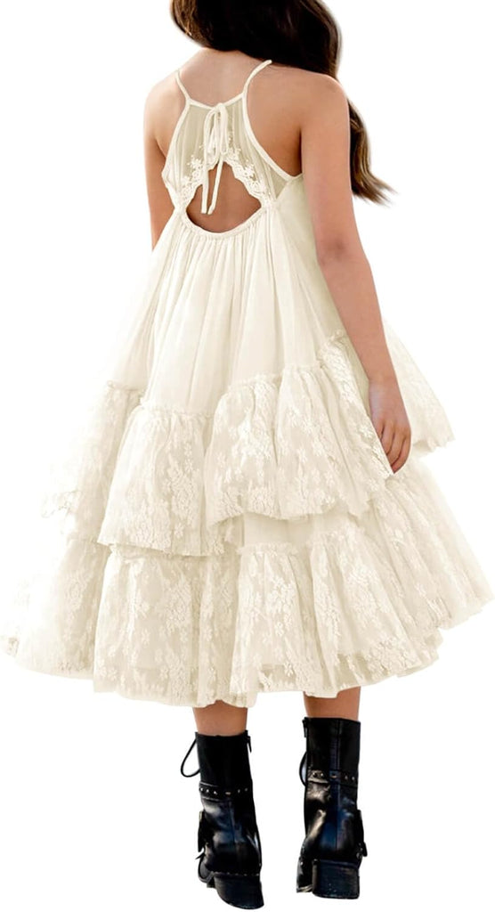 Girls Lace Tulle Dress Halter Boho Flower Girl Ruffle Party Dress