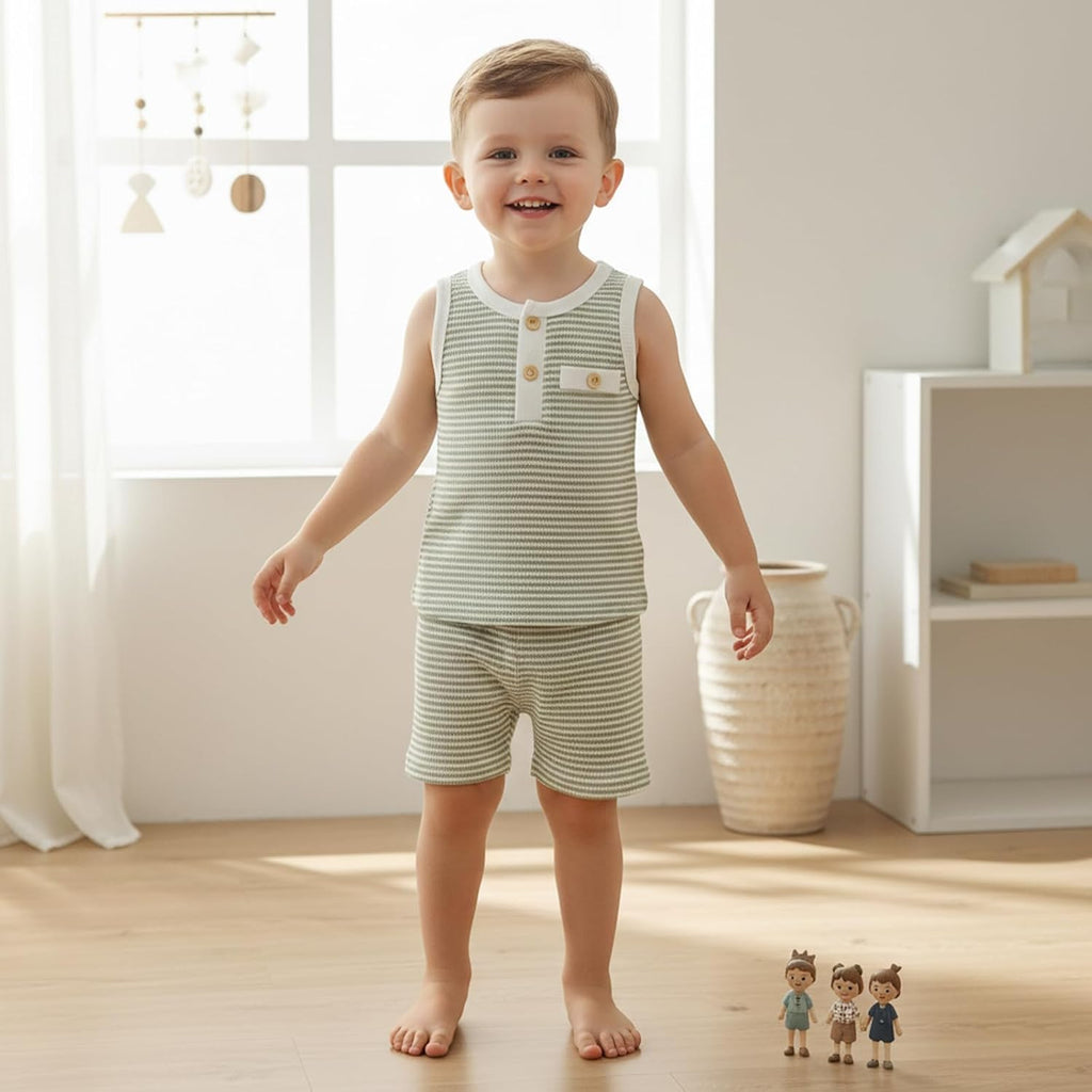 Toddler Baby Boy Stripe Waffle Sleeveless Shirt Shorts Set