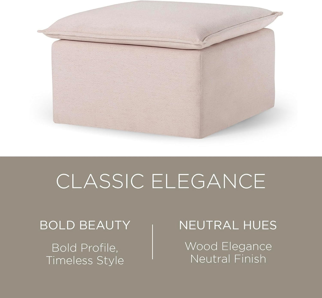 Claude Large Square Rustic Upholstered Ottoman, Cushioned Footrest Couch, Chair, or Dorm Room in Cream Fabric
