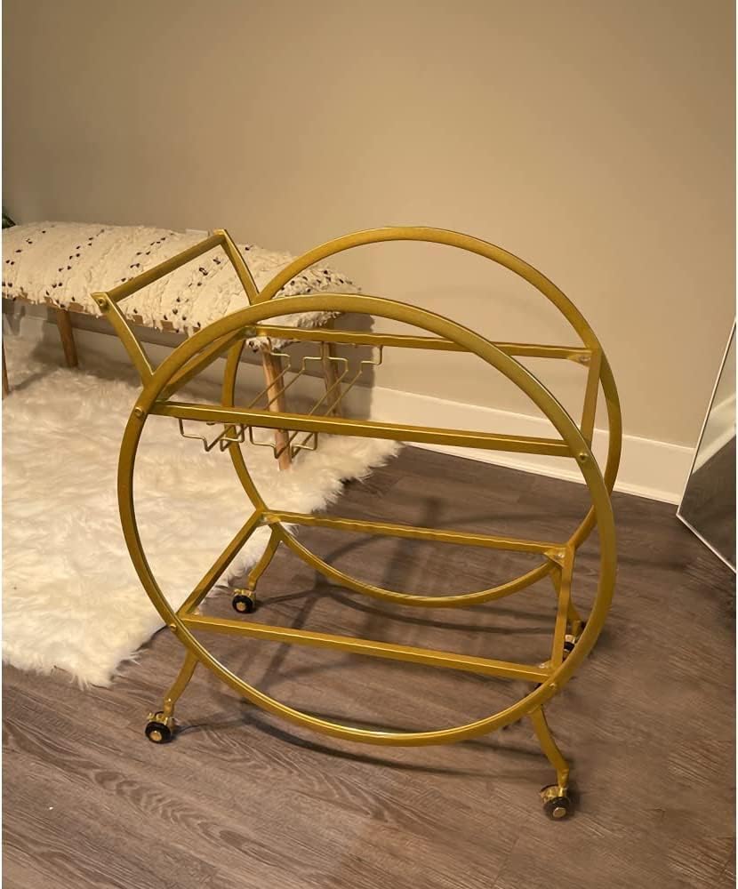 Round Gold Bar Cart 2 Mirrored Shelves Bar Serving Cart with Wheels and Glass Holder, Mobile Wine Cart for The