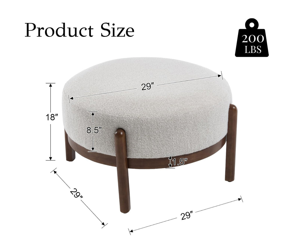 29" Round Ottoman Modern Boucle Upholstered Footstool Mid Century Large Footrest with Wooden Legs Soft Circle Ottoman