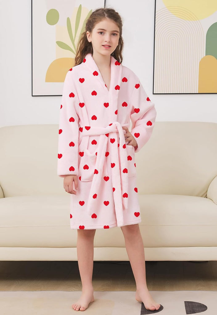 Girls Robe, Shawl Collar Fuzzy Fleece Bathrobes with Belt and Pockets for Kids Boys
