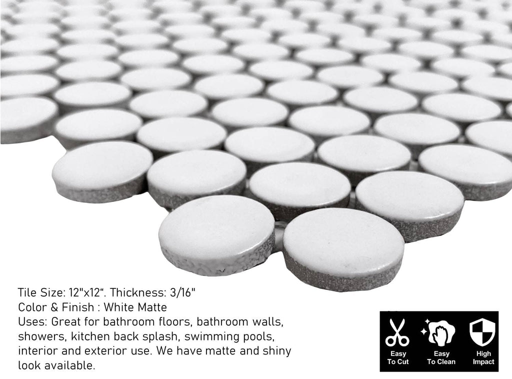 Arctic White Penny Round Porcelain Mosaic Tile - Matte Finish Floor, Kitchen Backsplash, Accent Walls, Shower