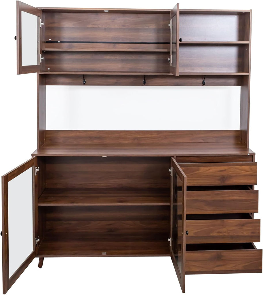 63" W Large Kitchen Hutch Cabinet, Freestanding Pantry Storage Cabinet with Hutch, 4 Doors 4 Drawers & Microwave