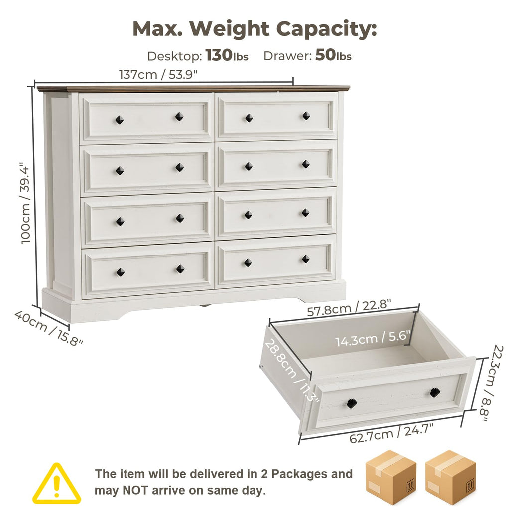 Farmhouse 8 Drawer, 54" Wide Wood with Natural Texture, Vintage Metal Double Hand Knobs, Rustic Chest of Drawers