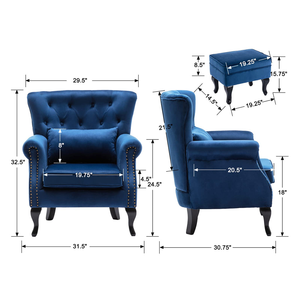 Mid Century Modern Accent Chair Upholstered Armchair Comfy Velvet Tufted Wingback Single Sofa with Ottoman Living