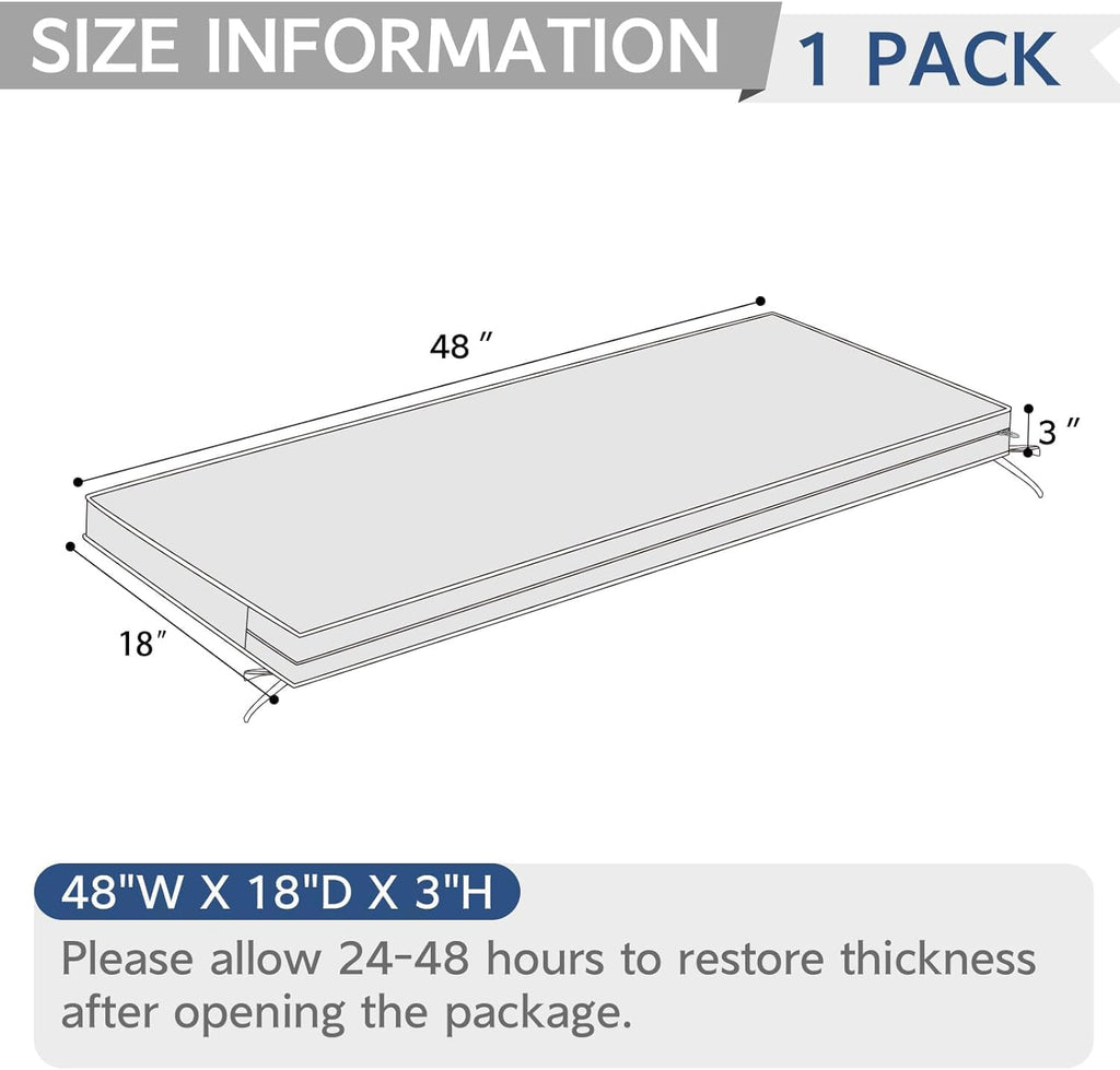 Outdoor Bench Cushion 48 x 18 Inch with Ties, Fade Resistant & Waterproof Patio Furniture Decorative Cushions Settee