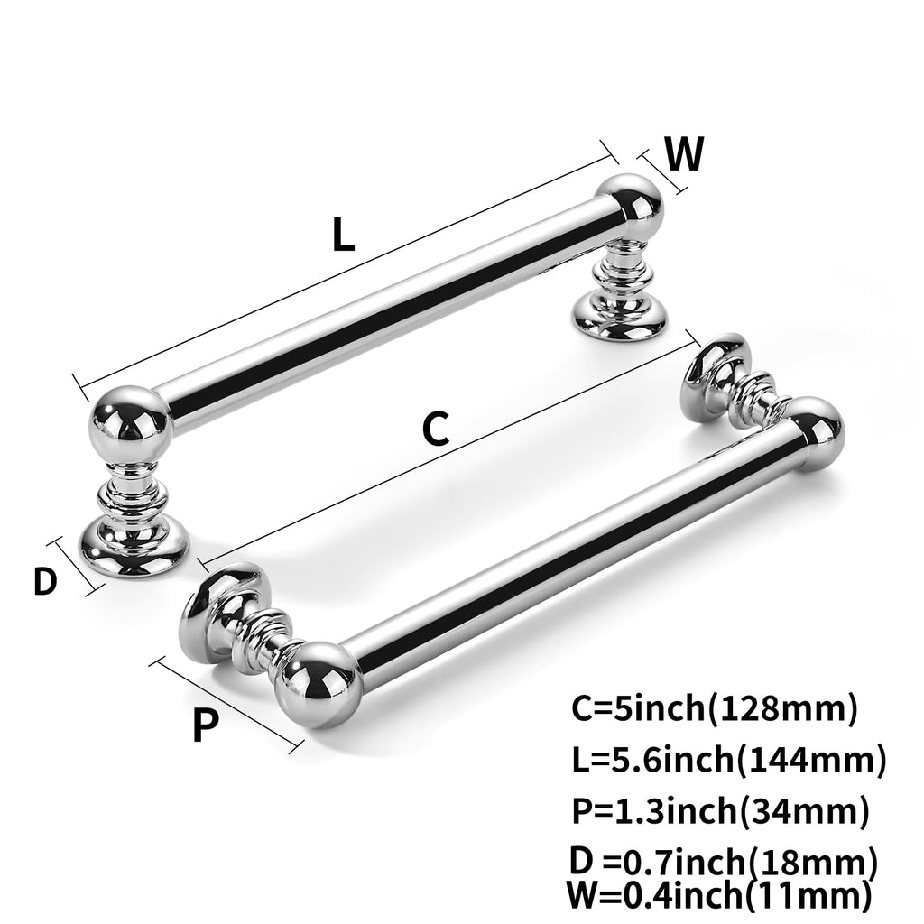 10 Pack 5 inch(128mm) Hole Center Vibrant Polished Chrome Cabinet Pulls Solid Heavy-Duty Kitchen Cabinet Hardware for