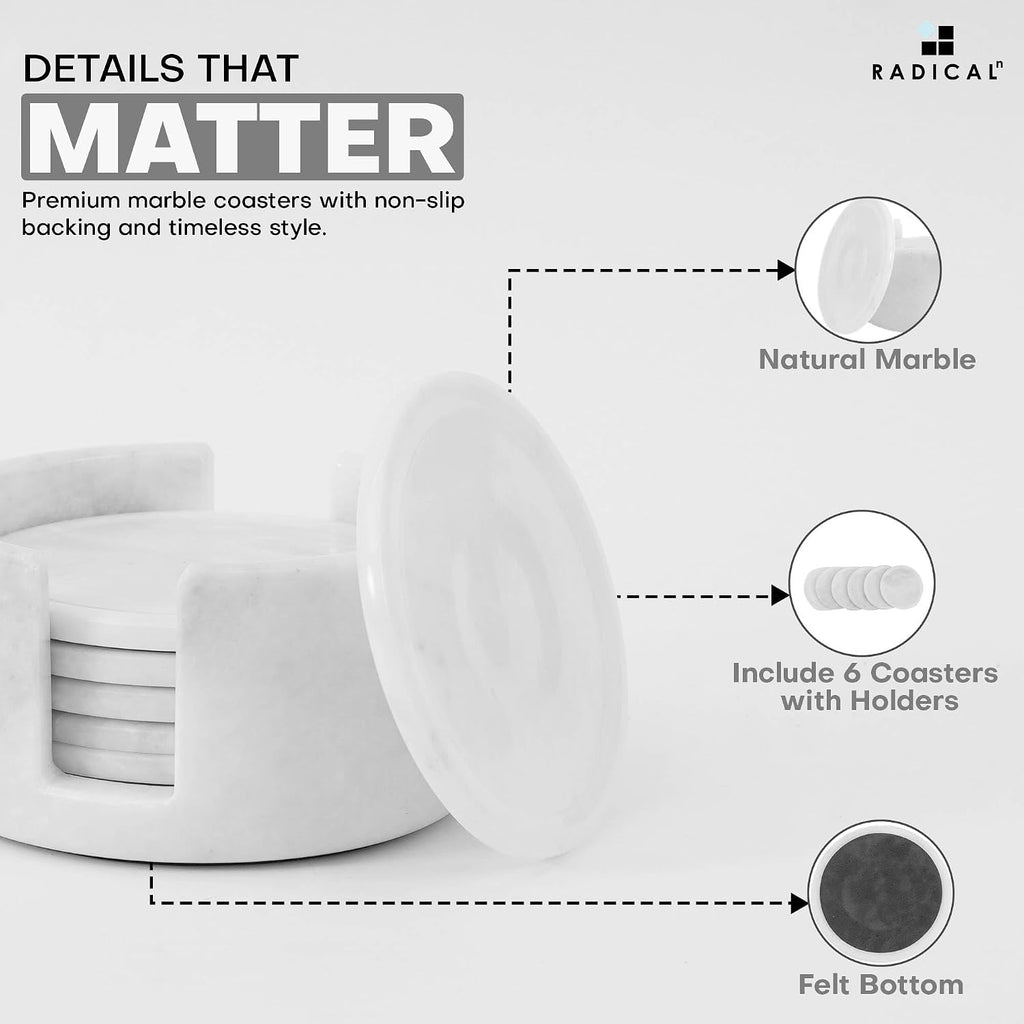 Round Marble Coasters with Holder - White Stone 3.5 Inch - Set of 6
