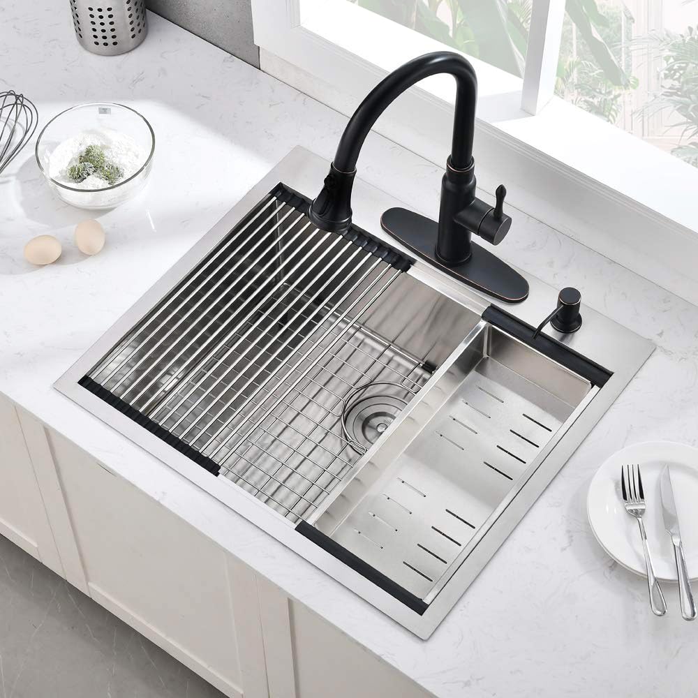 25x22 Drop Sink Workstation, Single Bowl Stainless Steel Top Mount Kitchen Sink Ledge Built In 16 Gauge Handmade 10"