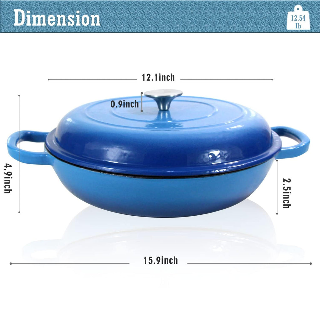 3.8 Quart Enameled Cast Iron Braiser Pan with Lid, Dual Handles Skillet
