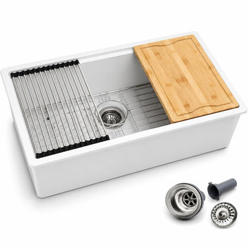 33 In. White Granite Composite Undermount Kitchen Sink Single Bowl Workstation, Quartz 33 Inch Kitchen Sink, 33" x