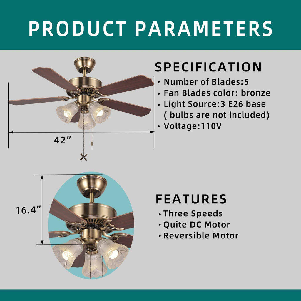 42 Inch Indoor Ceiling Fan with Pull-Chain and Three LED Light Bulbs Base, Traditional 3-Speeds Reversible Blades