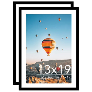 13x19 Picture Frame Set of 2 with 11x17 Mat, Black 13 x 19 Poster Frames with Shatter Resistant Plexiglass, Display