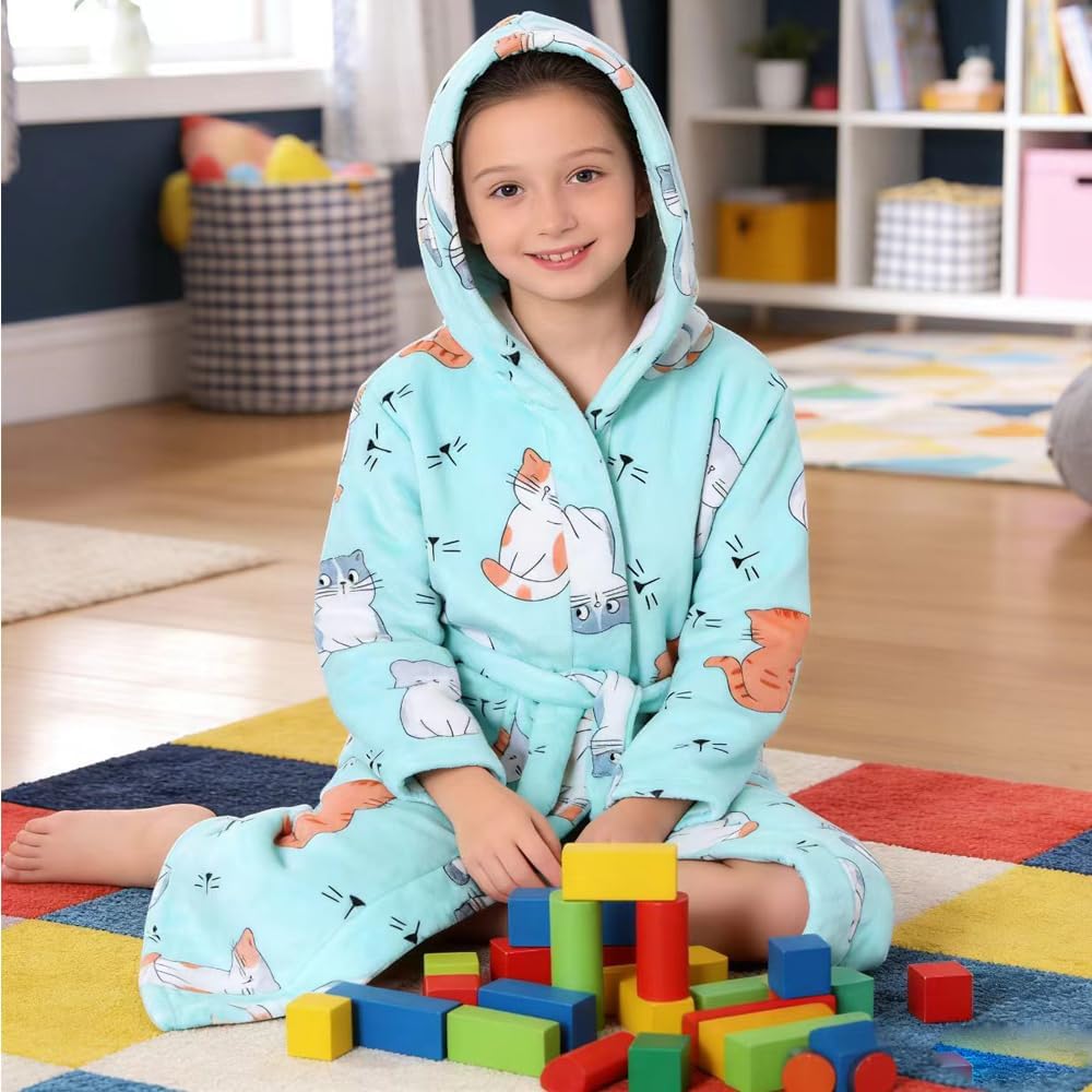 Boys Girls Bathrobes,Toddler Boy Girl Robes,Children's Plush Soft Coral Fleece Hooded Pajamas Sleepwear for Kids