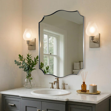 24x32'' Brushed Nickel Scalloped Bathroom Vanity Mirrors for Over Sinks, Vintage Wavy Edges Silver Bathroom