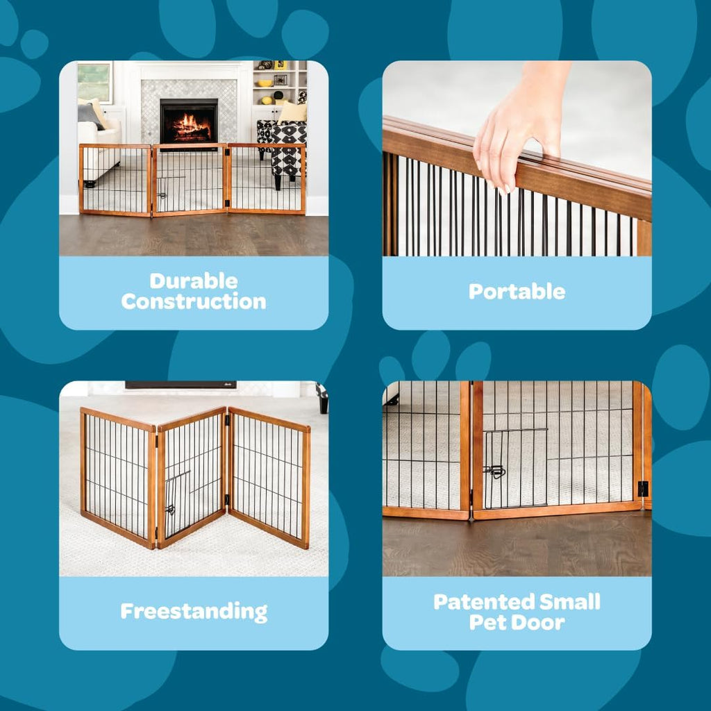 22"-62" Super Wide Dog Gate with Small Pet Door, Premium Wooden 3-Panel Pet Gate for Doorways & Hallways
