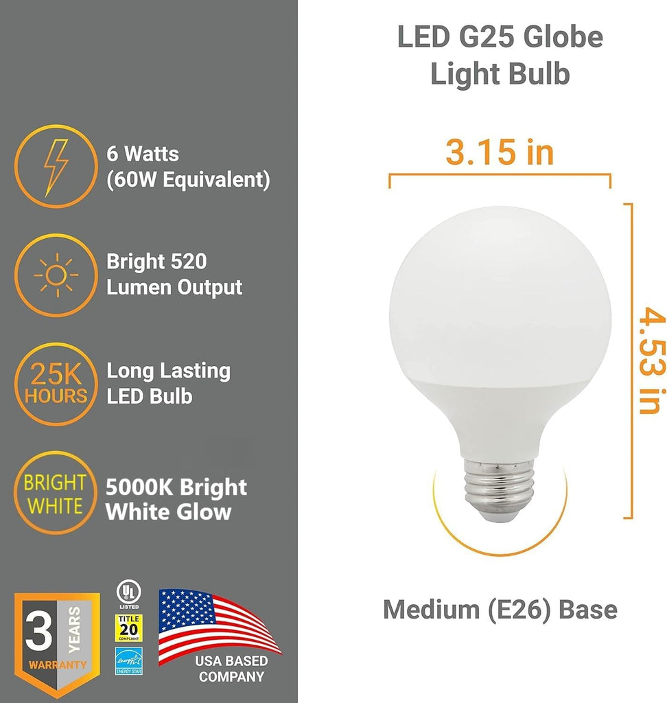 G25 LED Globe Light Bulbs Vanity Light Bulb 6W (60W Equivalent) 5000K Bright White E26 Medium Base Dimmable 500 Lumen