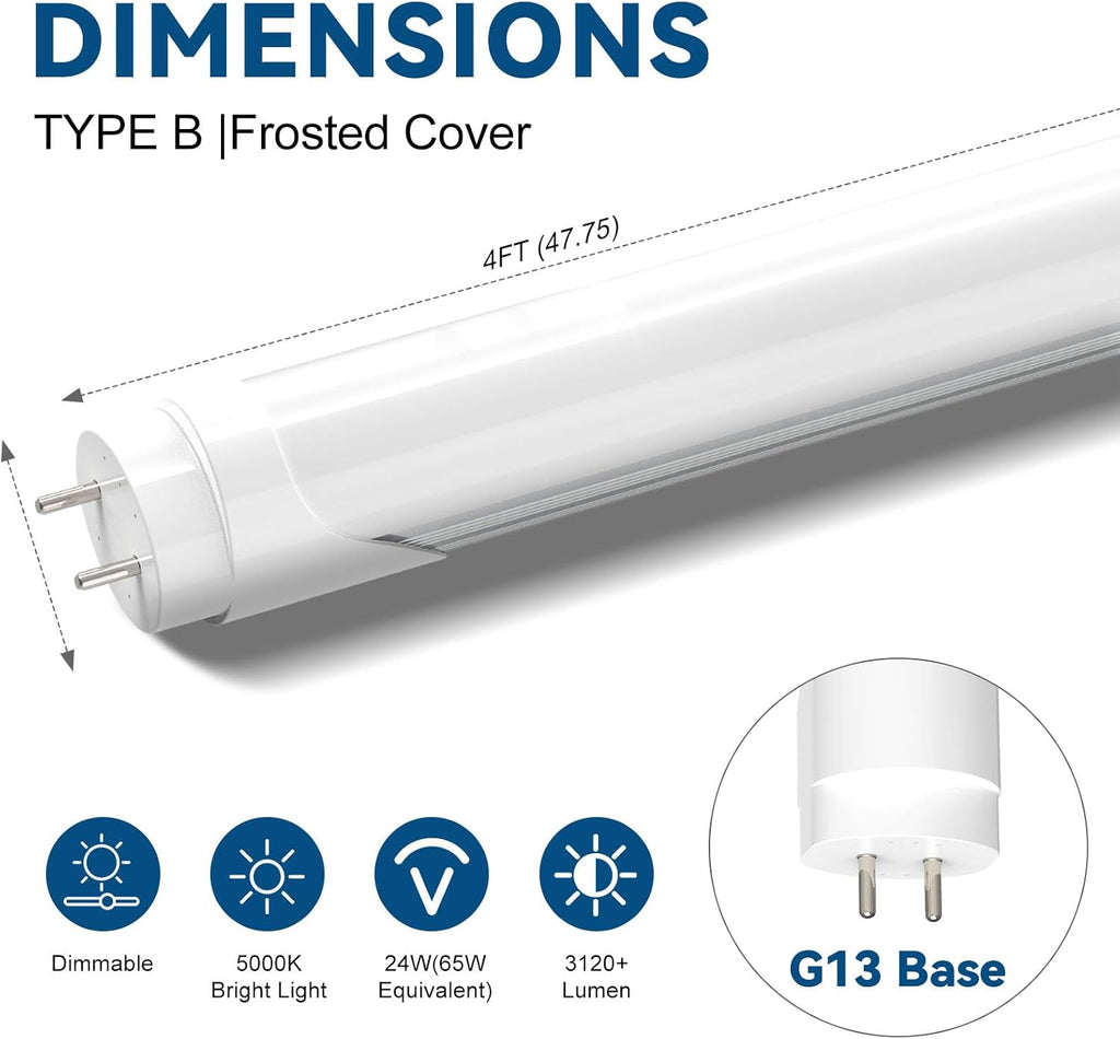 Dimmable T8 LED Type B Light Bulbs 4 Foot, 5000K, 24W 3120+LM, 4-Pack