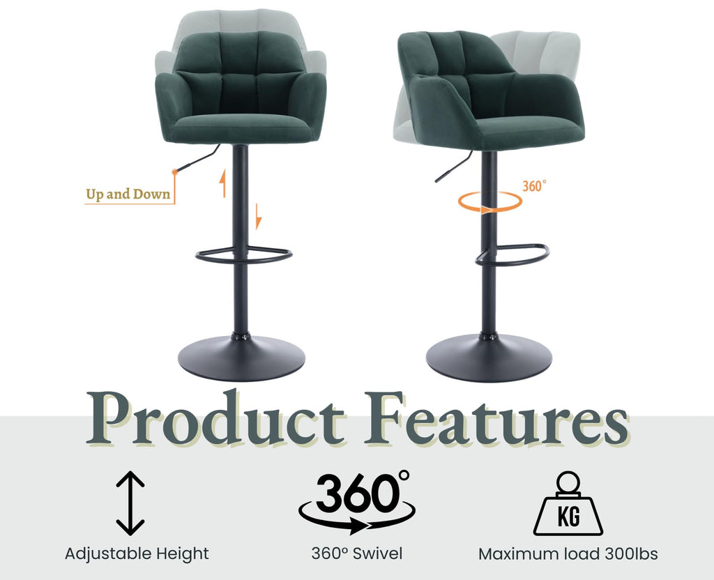 Swivel Bar Stools Set of 4 Modern Velvet Counter Barstools with Back and Arms Adjustable Bar Height Bar Stool Chairs