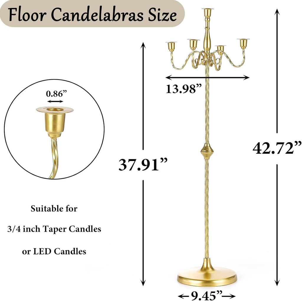 42.7 Inch Floor Candelabra Candle Holder Set of 2, 5 Arms Gold Candlestick Holders, Tall Candelabras Centerpiece for