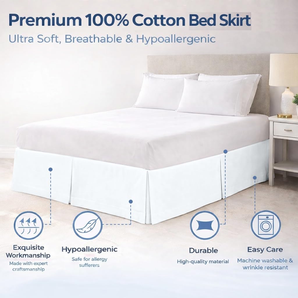 Bedding Premium Split Corner Bed Skirt White Cal King Size 17" Drop Length - 100% Organic Cotton Bedskirt