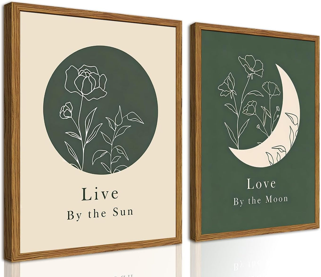 Framed Boho Sun and Moon Wall Art Set of 2, Sage Green Floral Line Pictures Wall Decor, Minimalist Quotes Paintings