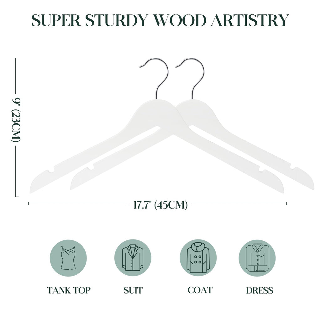 White Wooden Hangers - 20 Pack - Durable Wood Hangers Ideal for Everyday Use & Wedding, for Dress, Coats, Camisole