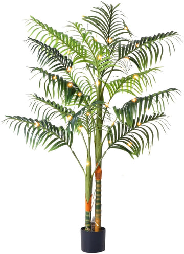 5FT Artificial Palm Tree Tall Plant with Planter & Moss, Realistic 2-Trunk Artificial Tree with Lights, Lifelike