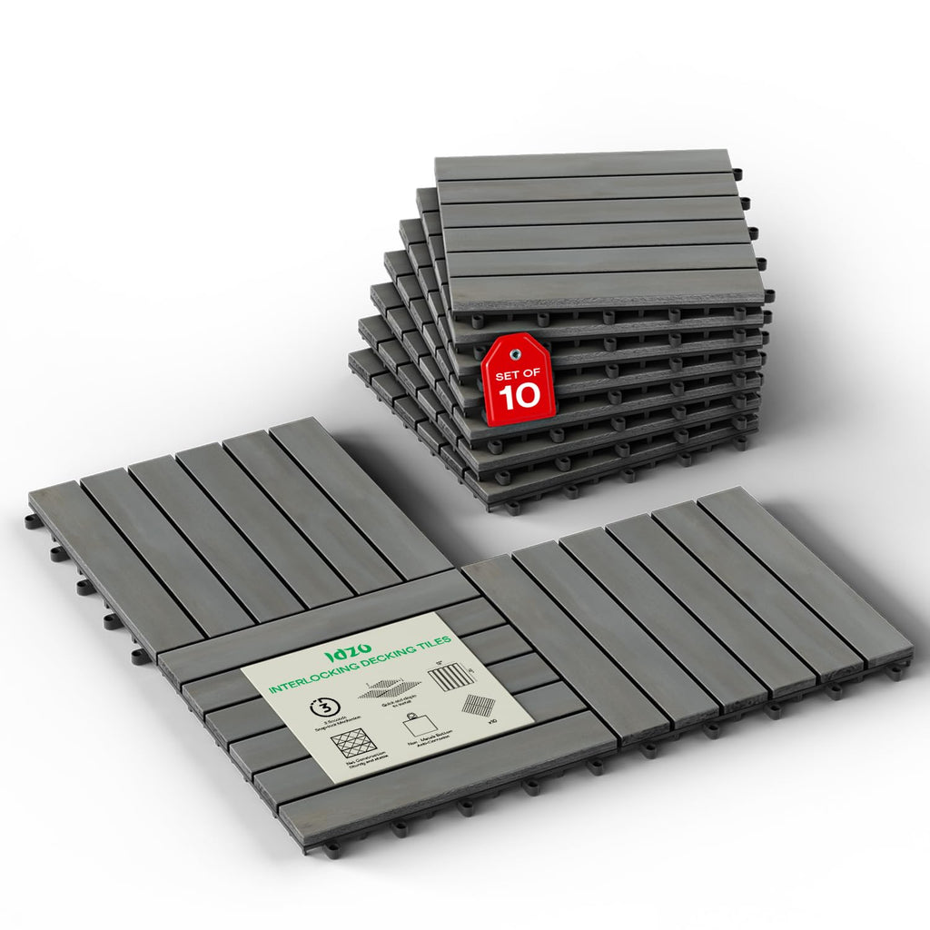 Interlocking Deck Tiles 9.6 SQFT - 10PCS Waterproof Acacia Wood Patio Tiles, Flooring Tiles for Indoor and Outdoor - 6